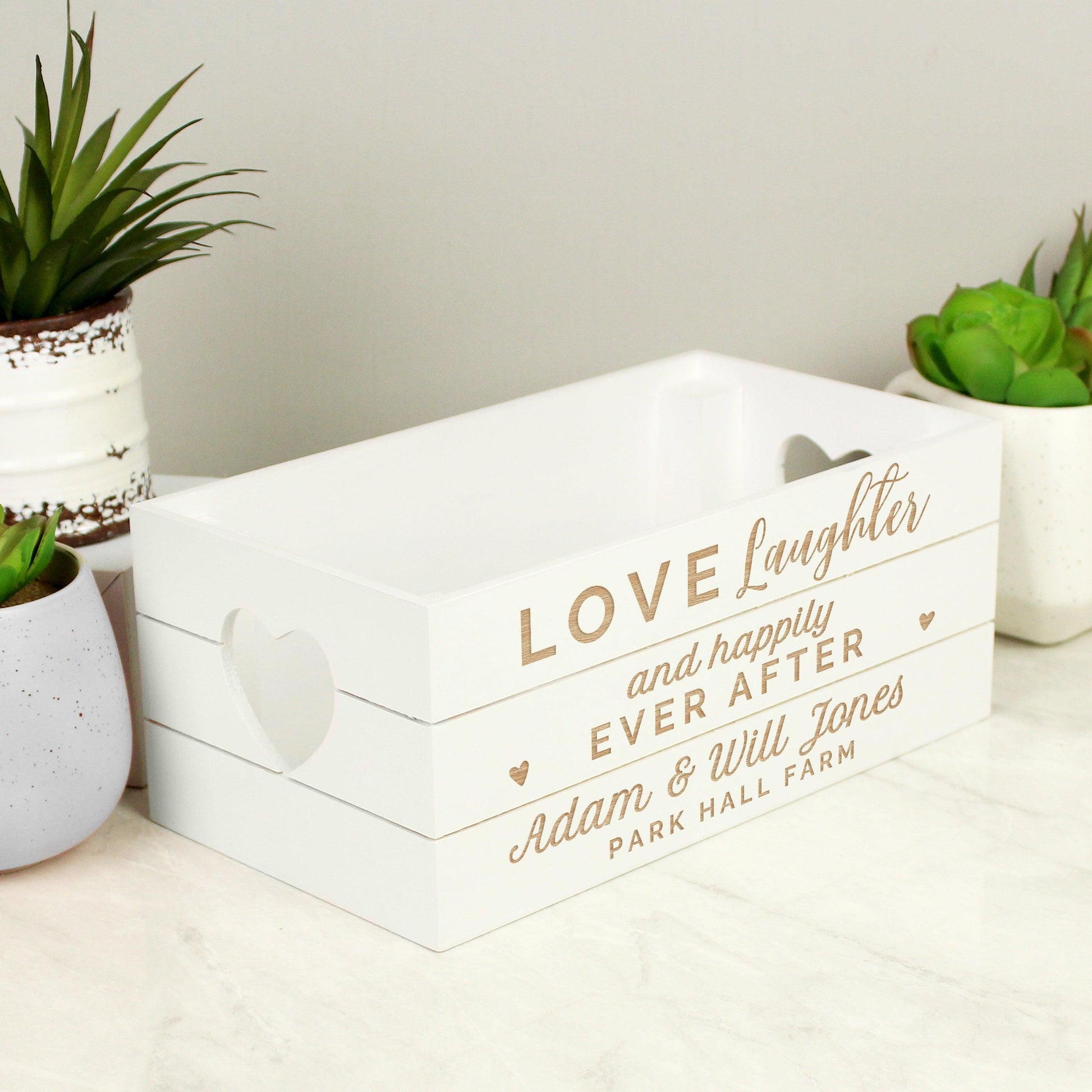 Personalised Love Laughter & Happily Ever After White Wooden Crate