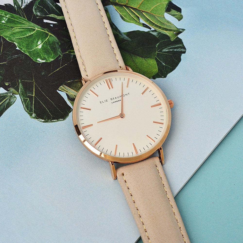 Elie Beaumont Ladies Personalised Leather Watch in Stone