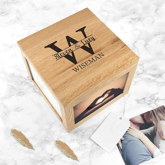 Personalised Oak Photo Keepsake Box with Couple Monogram - Myhappymoments.co.uk