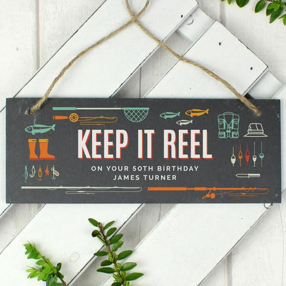 Personalised Keep It Reel Fishing Printed Hanging Slate Plaque - Myhappymoments.co.uk