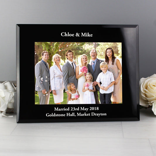 Personalised Any Message Landscape Black Glass Photo Frame 7x5 - Myhappymoments.co.uk