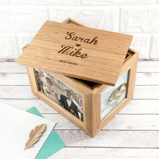 Personalised Heart Couples Midi Oak Photo Cube Keepsake Box