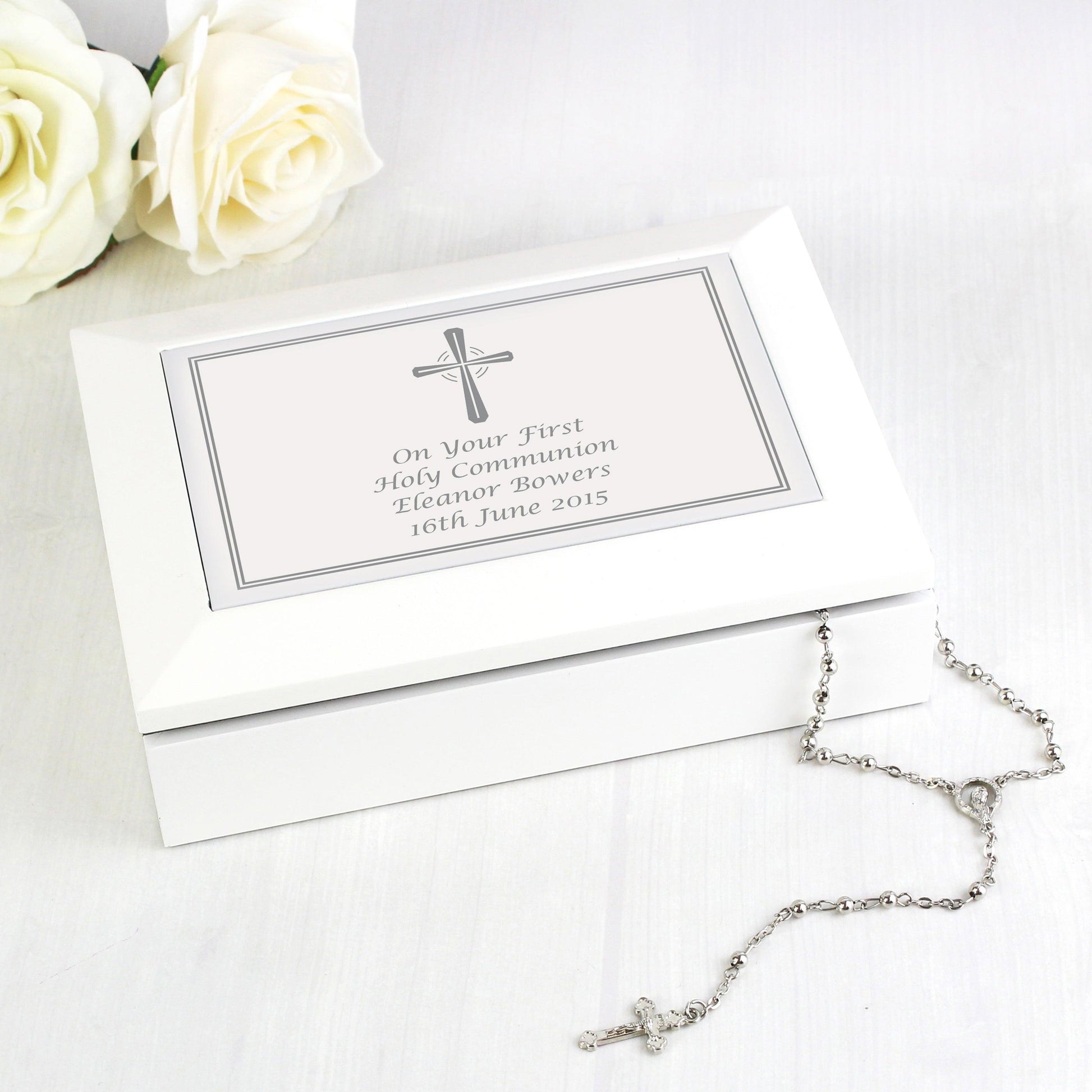 Personalised Silver Cross White Wooden Keepsake Box - Myhappymoments.co.uk