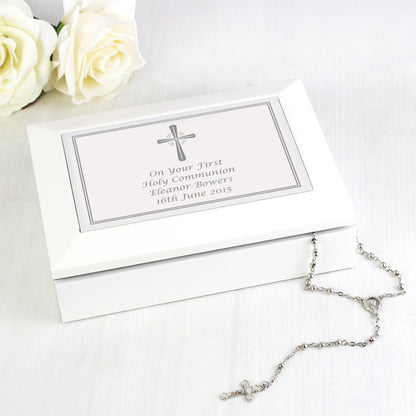 Personalised Silver Cross White Wooden Keepsake Box - Myhappymoments.co.uk