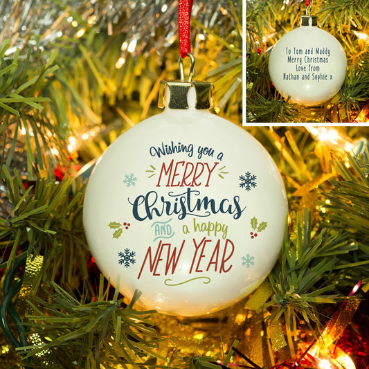 Personalised Wishing You A Merry Christmas And A Happy New Year Bauble - Myhappymoments.co.uk