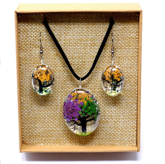 Pressed Flowers - Tree of Life Jewellery Set - Mixed Colours