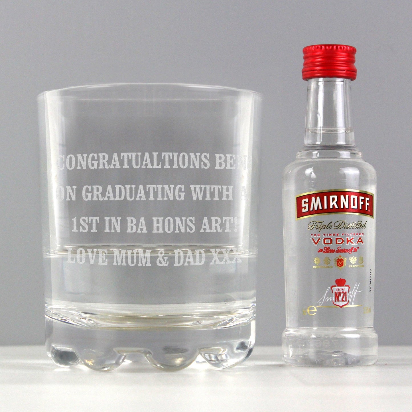 Personalised Tumbler Glass and Smirnoff Vodka Miniature Set