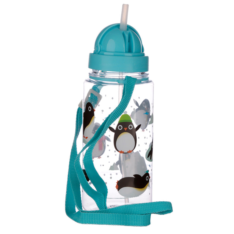 Children’s Penguin Water Bottle with Straw & String 450ml - Myhappymoments.co.uk