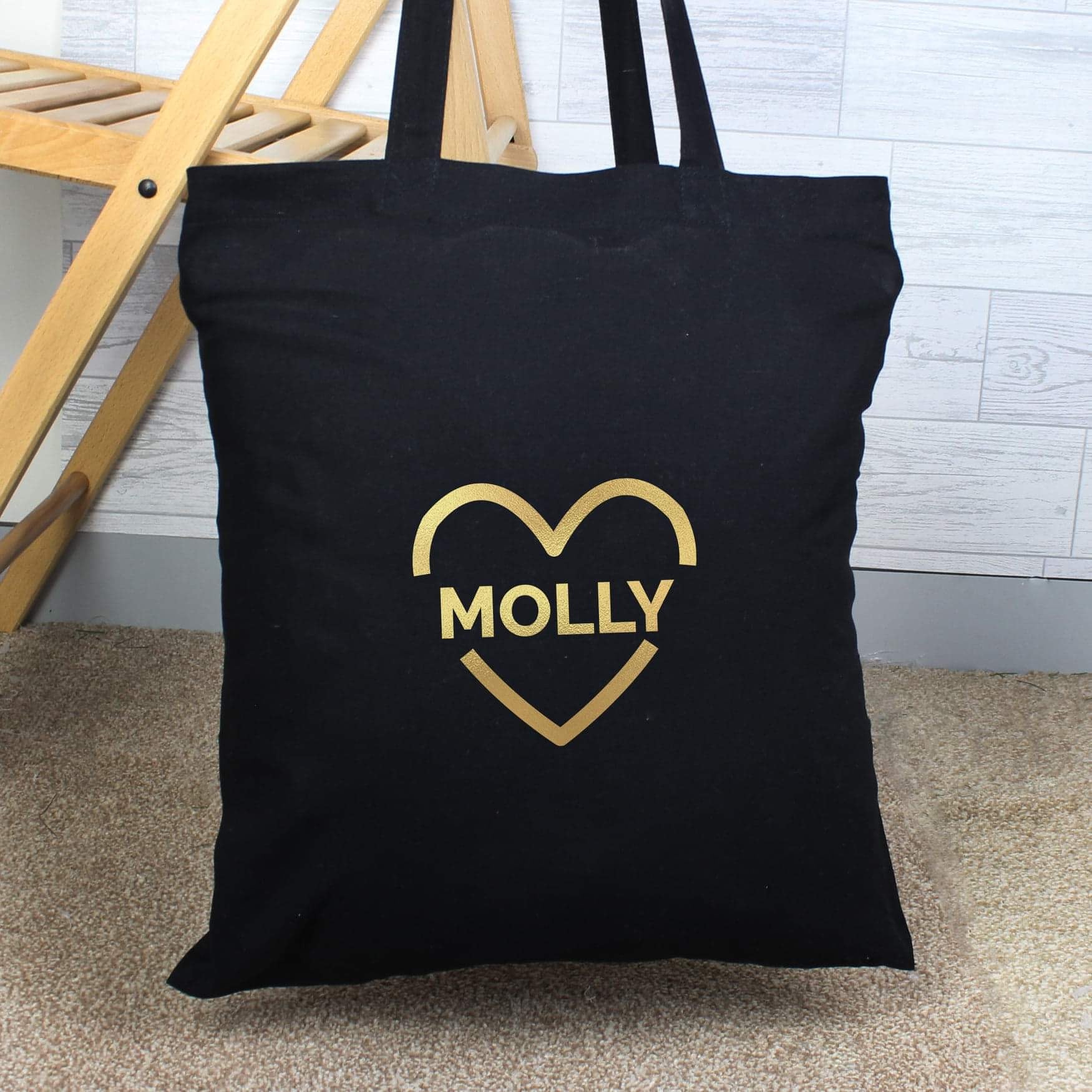 Personalised Gold Heart Black Cotton Bag