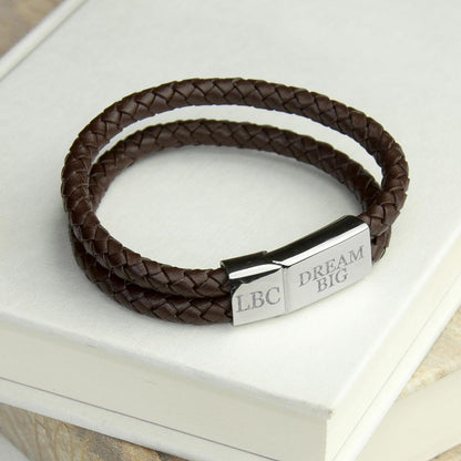 Personalised Men's Dual Leather Woven Bracelet In Umber