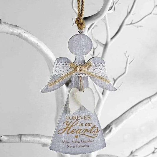 Personalised In Loving Memory Forever In Our Hearts Wooden Angel Decoration - Myhappymoments.co.uk