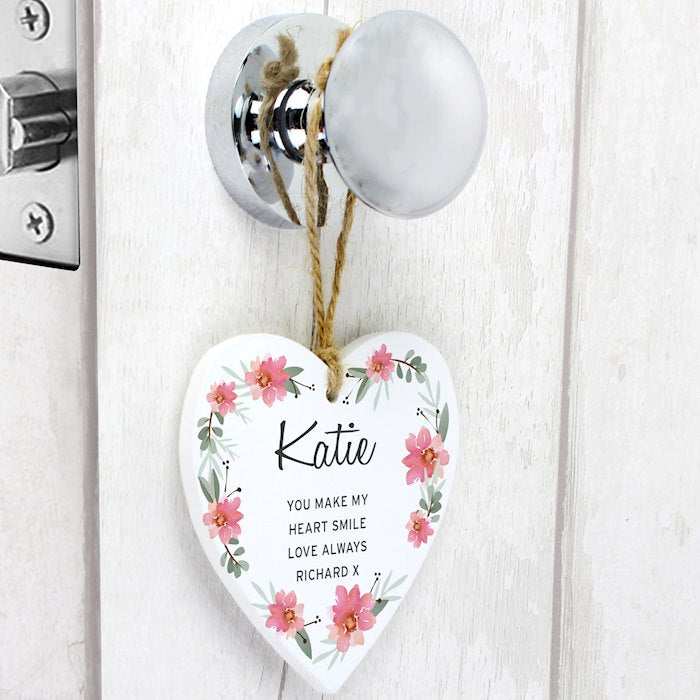 Personalised Floral Sentimental Wooden Hanging Heart Decoration