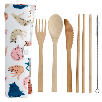 Cat's Life 100% Natural Bamboo Cutlery 6 Piece Set in Canvas Holder