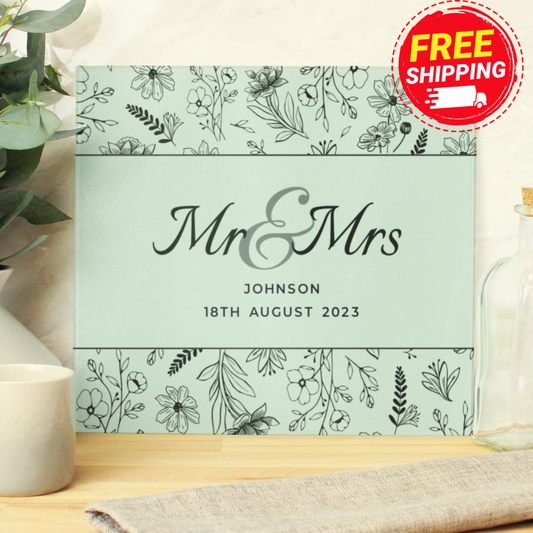 Personalised Mr & Mrs Botanical Glass Chopping Board