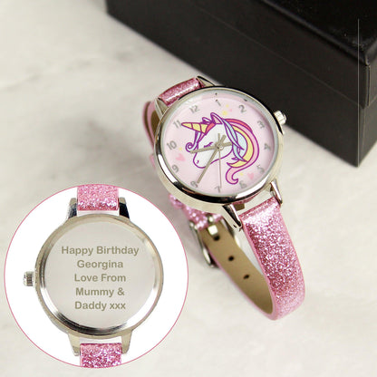 Personalised Girls Unicorn with Pink Glitter Strap Watch