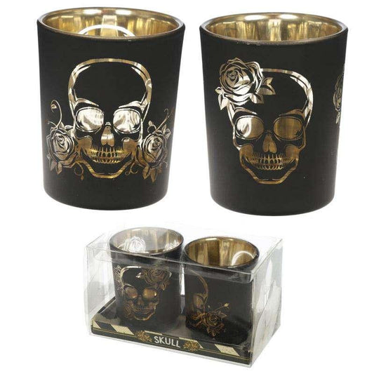 Glass Candleholder Set of 2 - Gothic Skull - Myhappymoments.co.uk