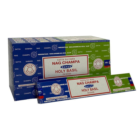 12 Pack of Combo Satya Incense Sticks - Nag Champa Holy Basil