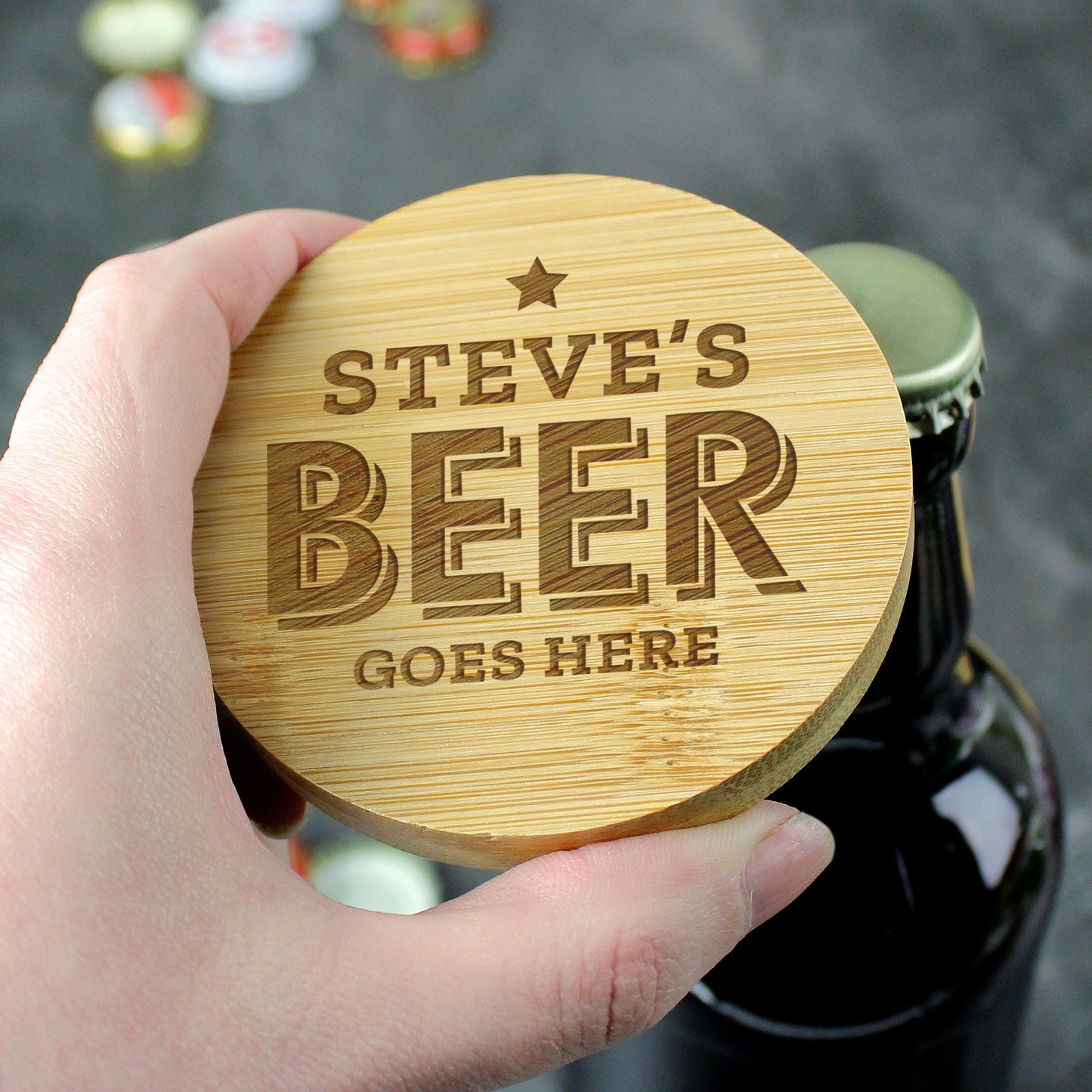 Personalised Beer Goes Here Bamboo Bottle Opener Coaster