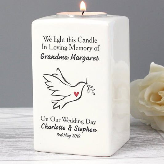 Personalised In Loving Memory On Our Wedding Day Dove Ceramic Tea Light Candle Holder from Pukkagifts.uk