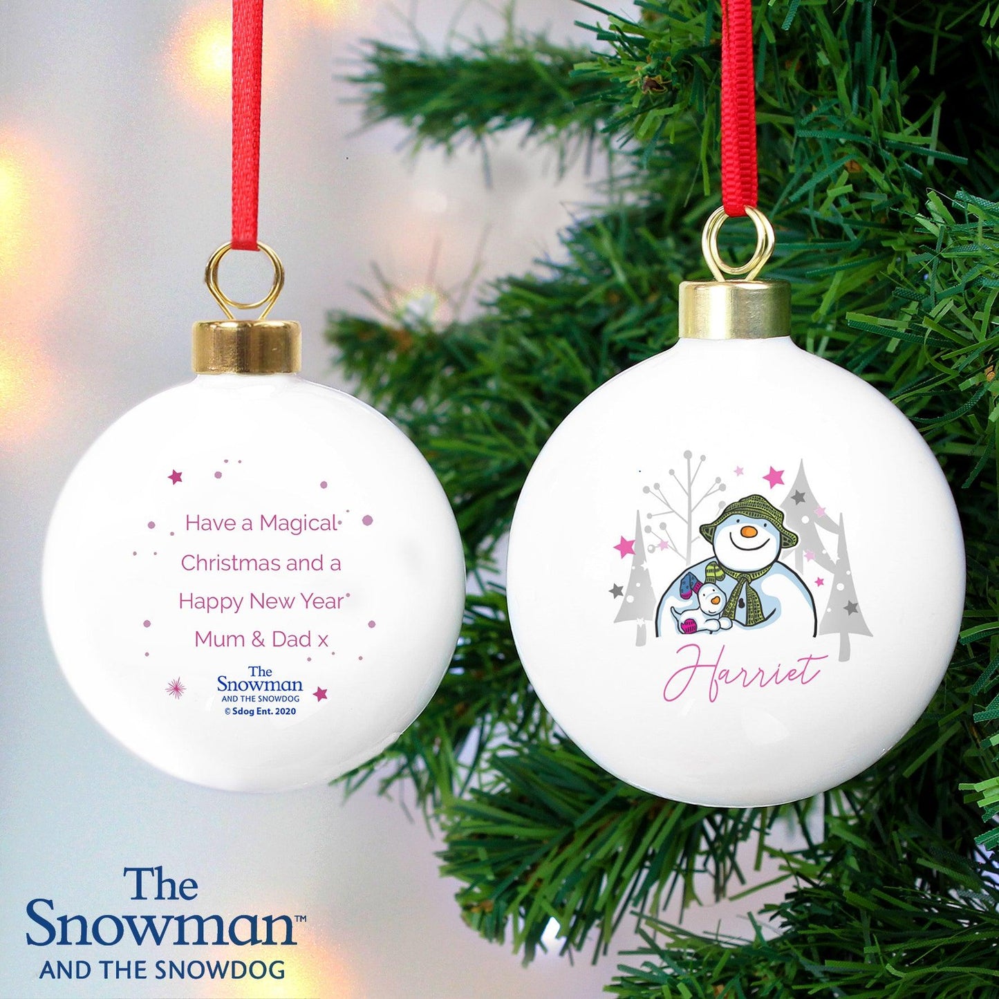 Personalised The Snowman and the Snowdog Pink Bauble