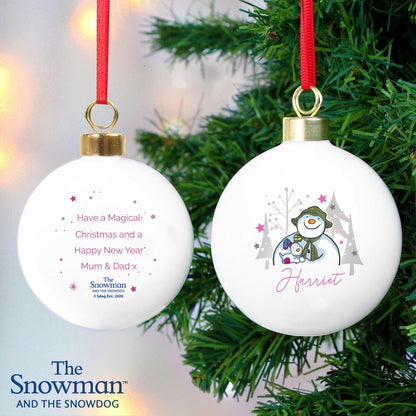 Personalised The Snowman and the Snowdog Pink Bauble