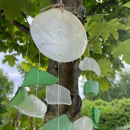 Copis & Glass Drop Recycled Glass Driftwood Wind Chime - Green & White