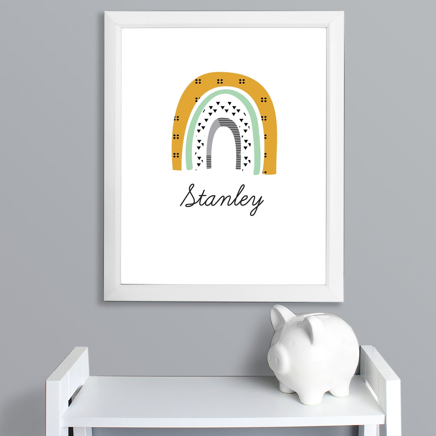 Personalised Mustard & Green Rainbow White Framed Print