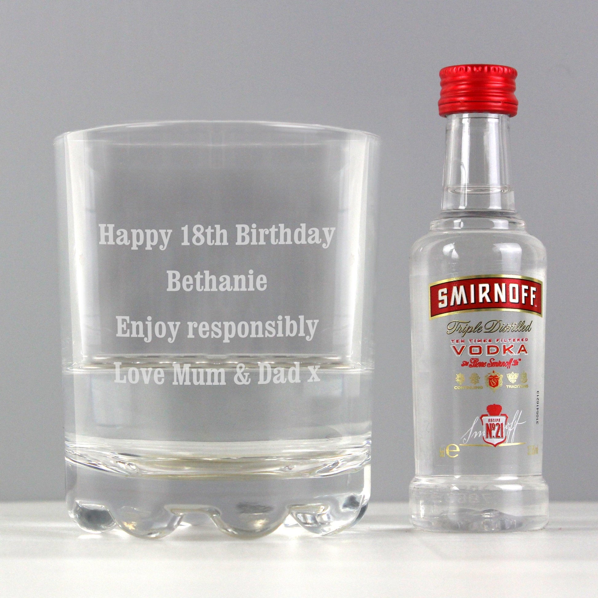 Personalised Tumbler Glass and Smirnoff Vodka Miniature Set