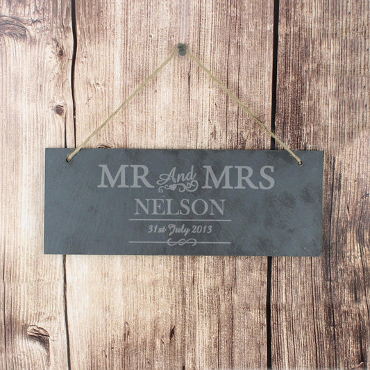 Personalised Mr & Mrs Hanging Slate Plaque Sign - Myhappymoments.co.uk