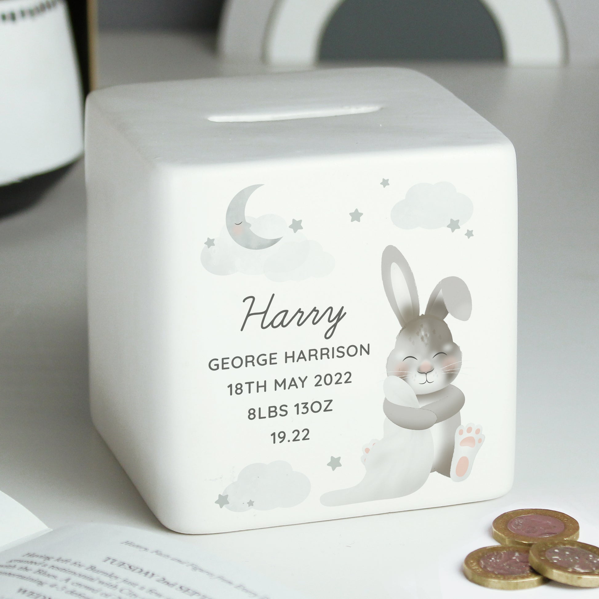 Personalised Baby Bunny Ceramic Square Money Box