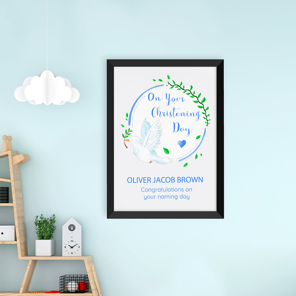 Personalised On Your Christening Day Dove Black Framed Print