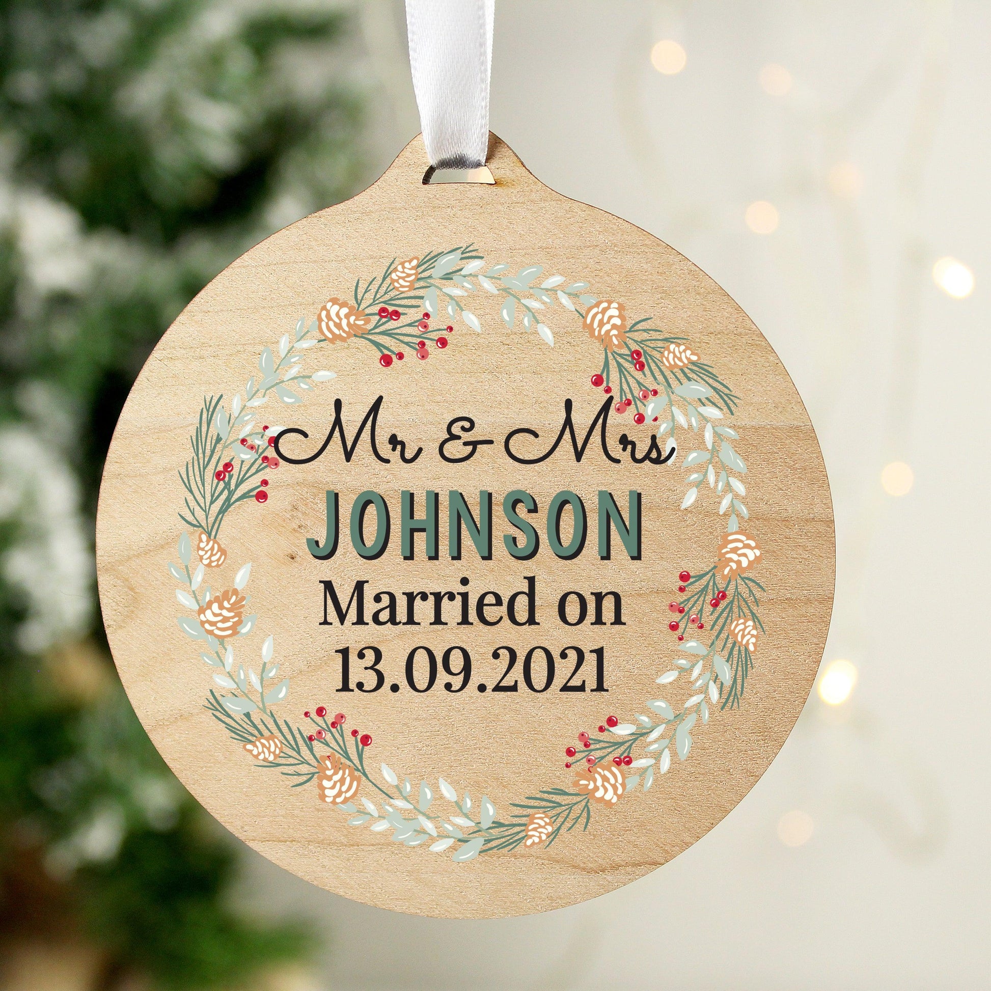 Personalised Wreath Round Wooden Christmas Decoration