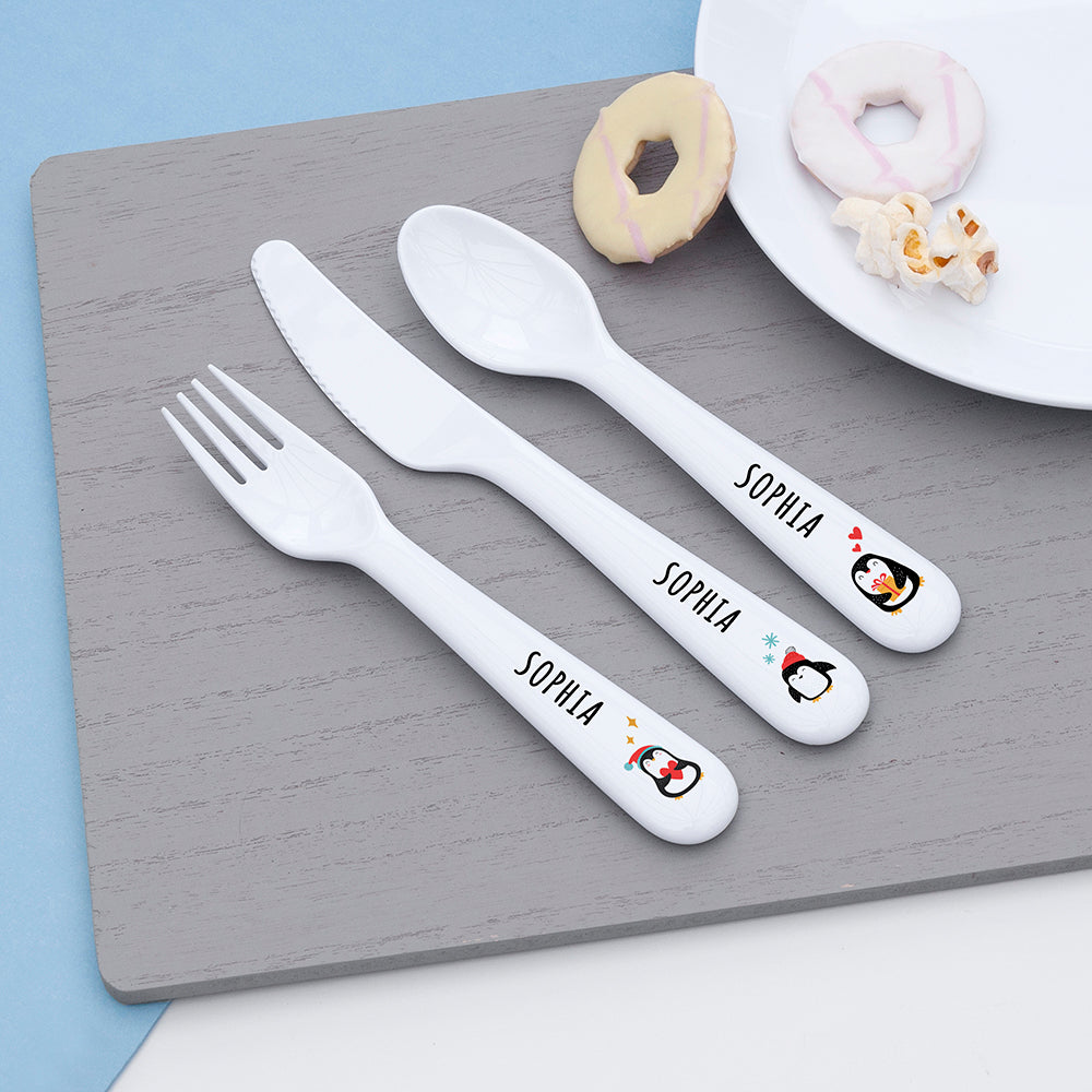 Personalised Christmas Children's Winter Penguin Cutlery Set