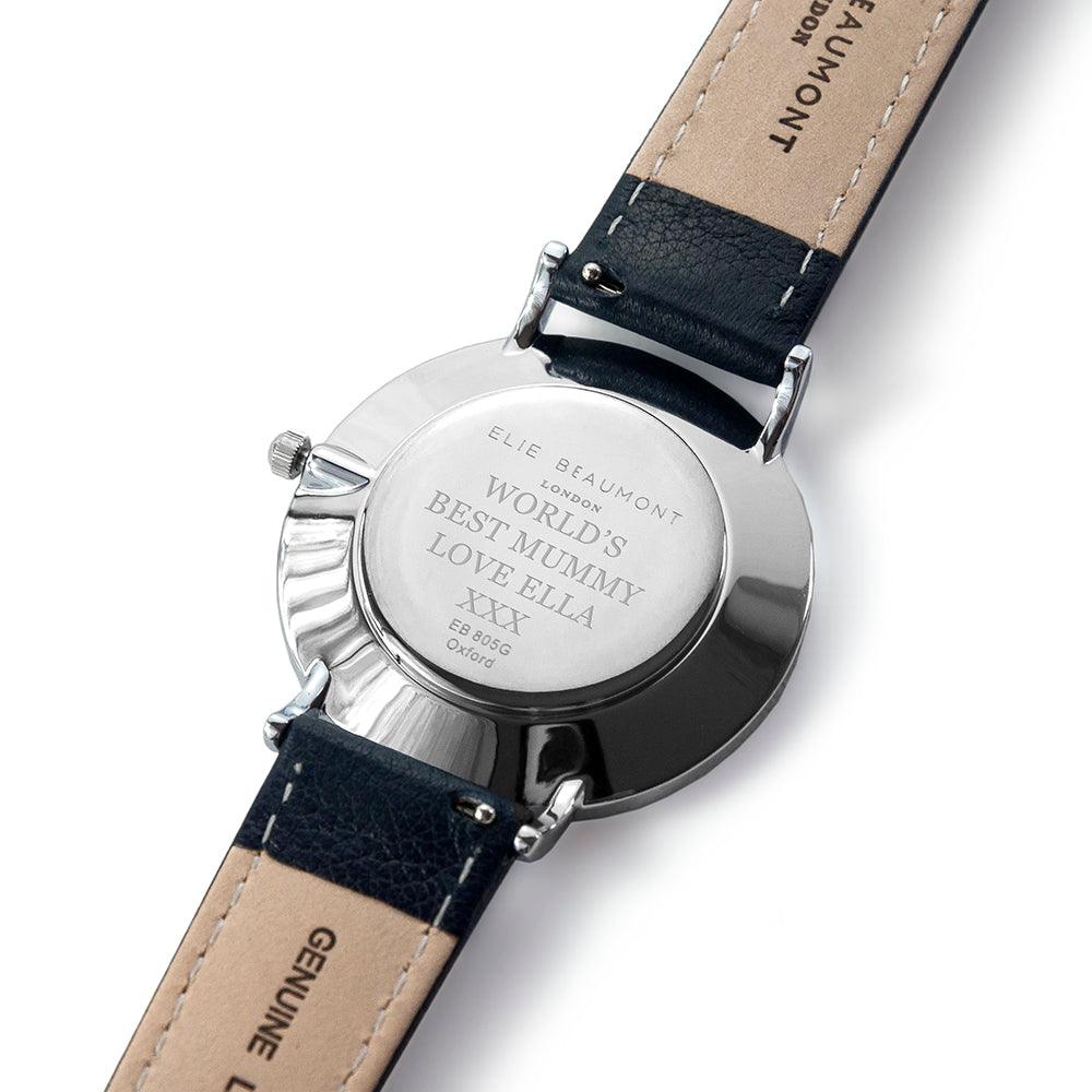 Elie Beaumont Ladies Personalised Leather Watch In Navy & Silver