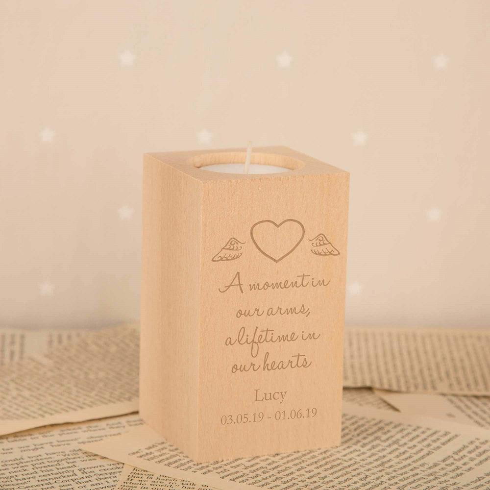 Personalised A Moment In Our Hearts Engraved Baby Memorial Wooden Tealight Holder