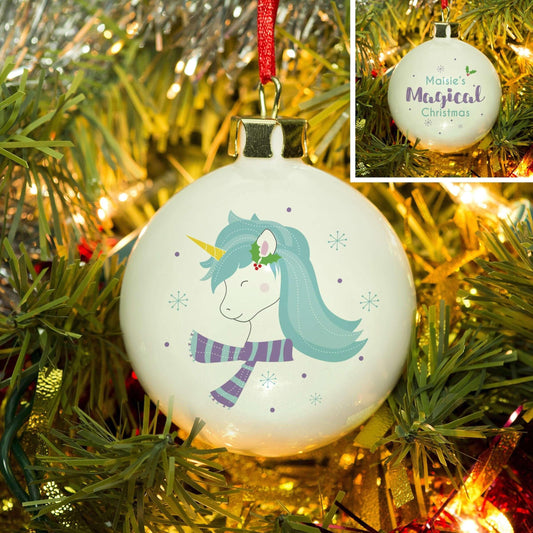 Personalised Magical Christmas Unicorn Bone China Bauble - Myhappymoments.co.uk