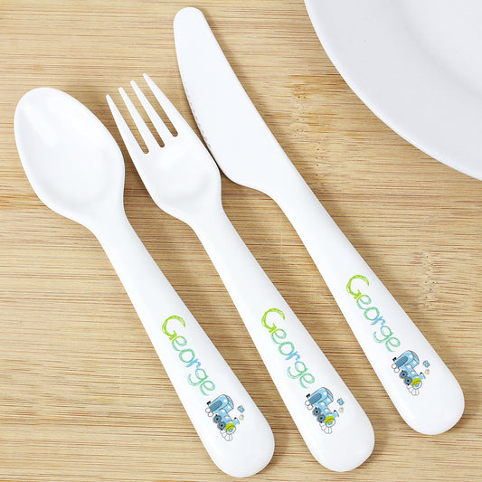 Personalised Patchwork Train 3 Piece Plastic Cutlery Set