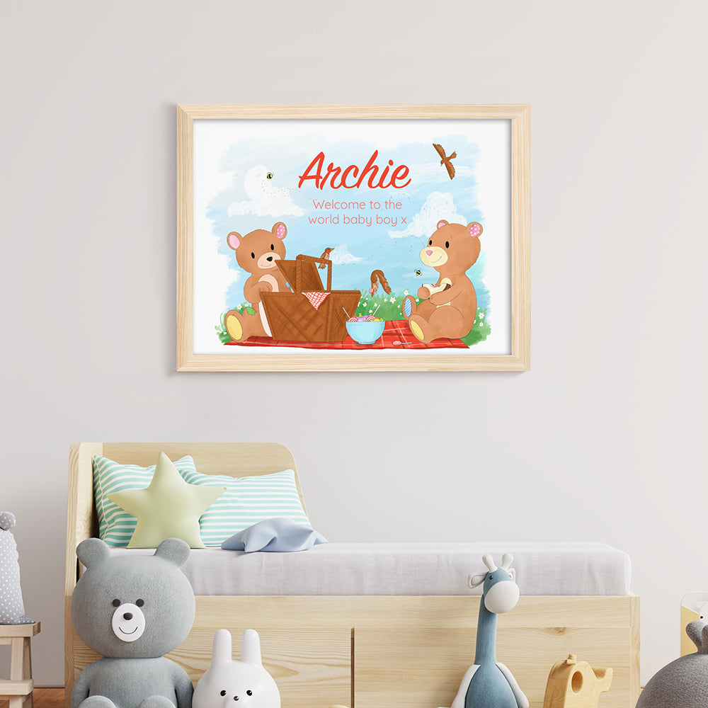 Personalised Teddy Bear Picnic Natural Framed Print