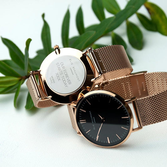 Elie Beaumont Personalised Ladies Rose Gold Mesh Strapped Watch With Black Dial