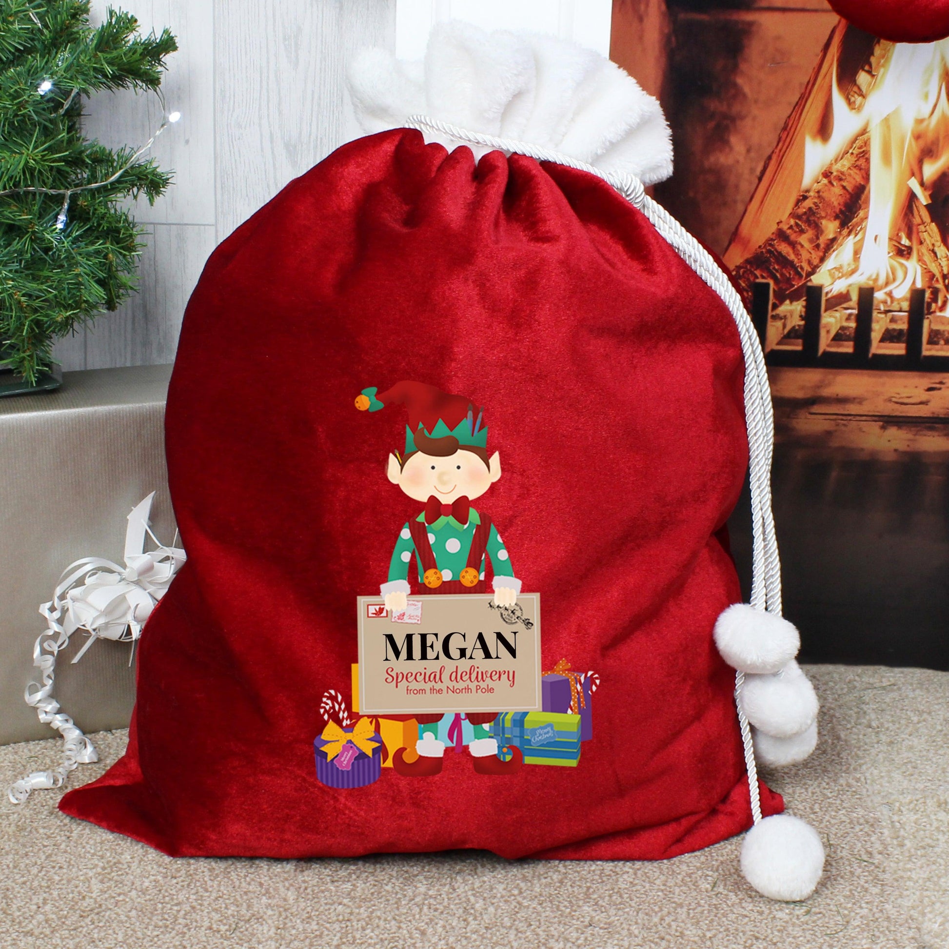 Personalised Christmas Elf Luxury Pom Pom Sack