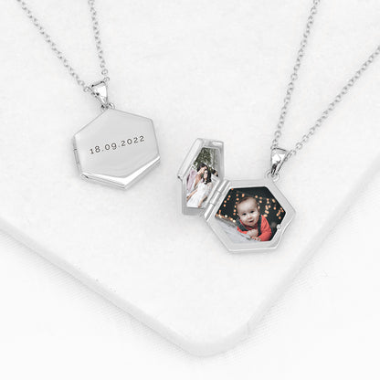 Personalised Hexagonal Photo Locket Necklace - Silver Plated