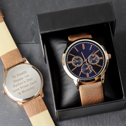 Personalised Mens Rose Gold Tone Watch with Brown Strap and Presentation Box