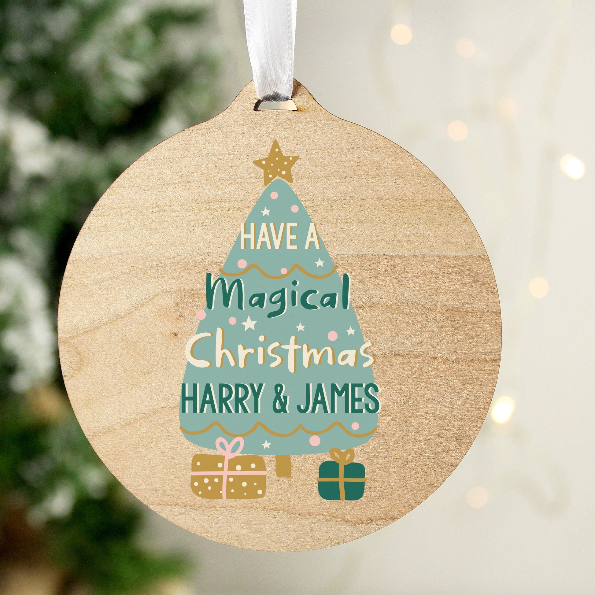 Personalised Christmas Tree Round Wooden Bauble Decoration