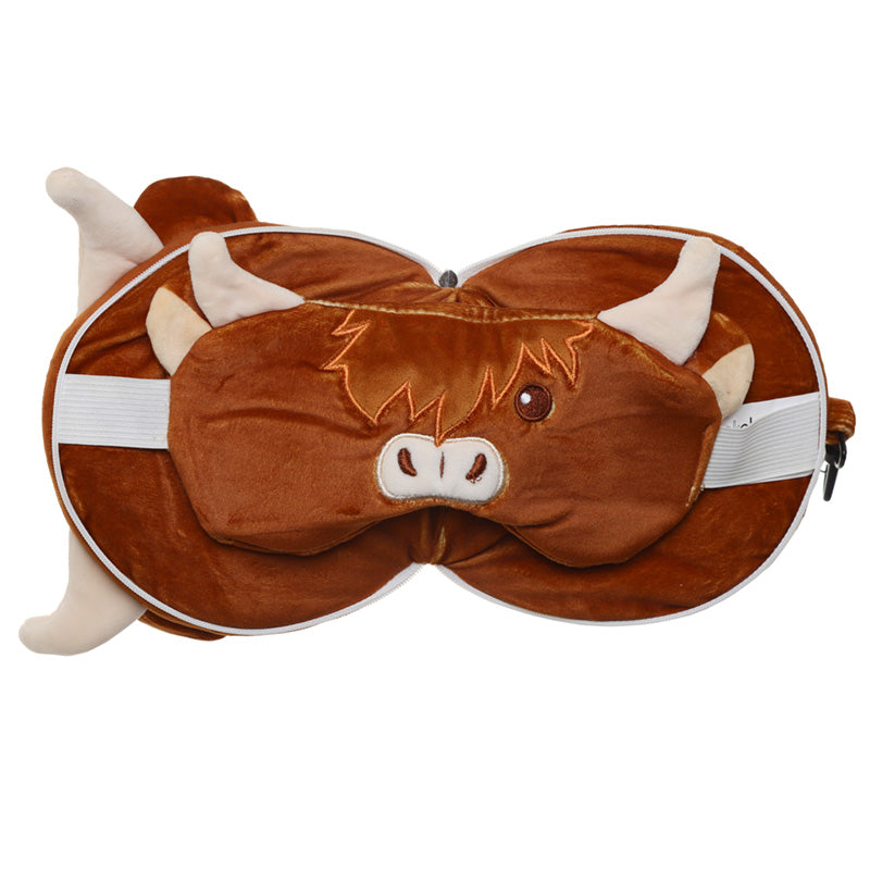 Relaxeazzz Highland Coo Cow Round Plush Travel Pillow & Eye Mask