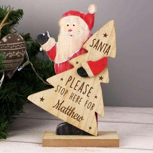 Personalised Santa Stop Here Wooden Santa Freestanding Decoration - Myhappymoments.co.uk