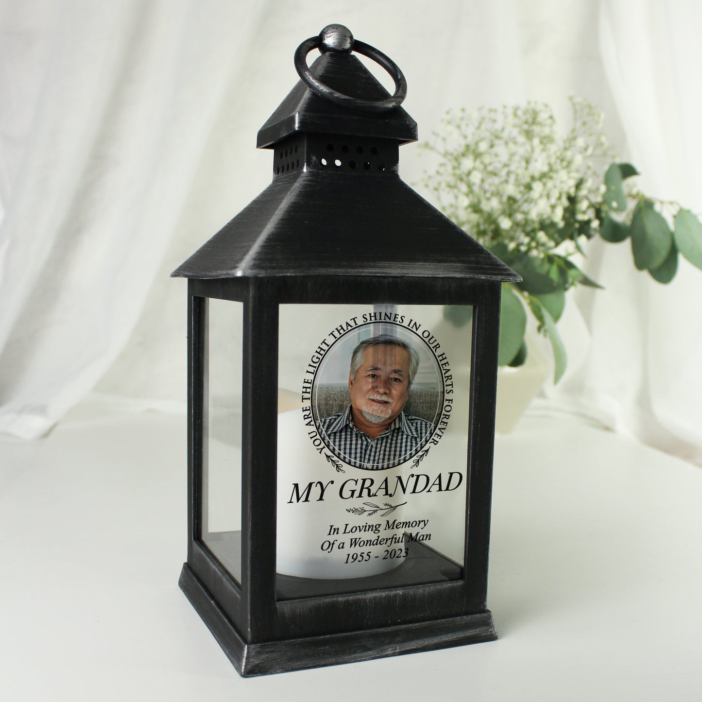 Personalised Light In Our Hearts Memorial Photo Upload Black Lantern