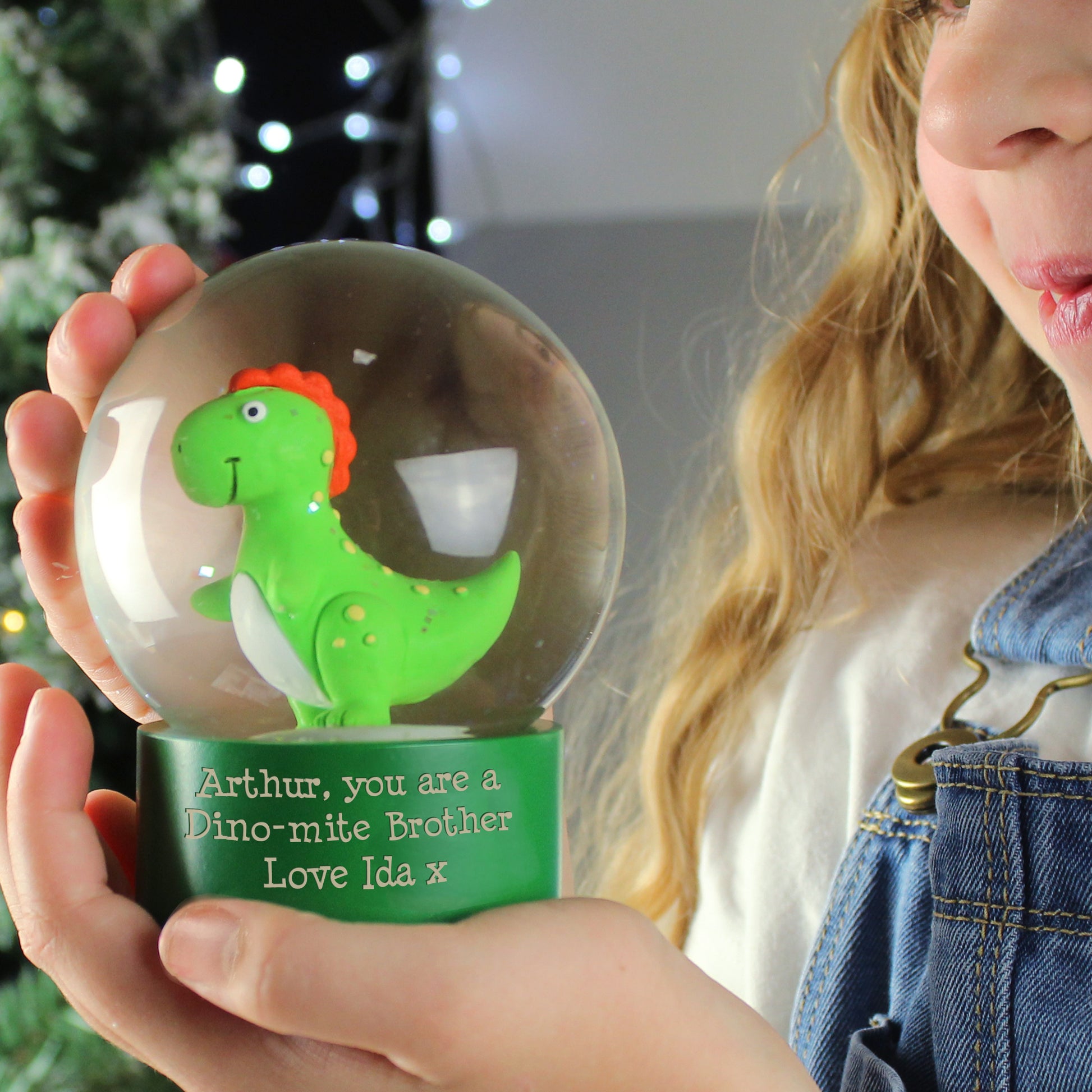 Personalised Message Dinosaur Glitter Snow Globe