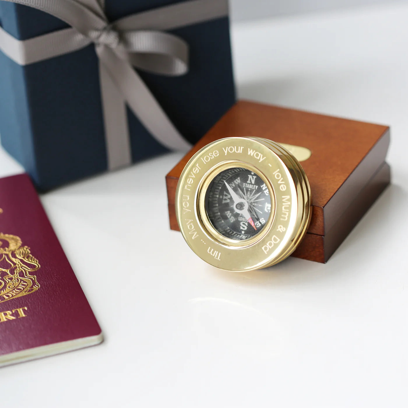 Personalised Engraved Brass Gold Compass With Timber Box & Gift Box