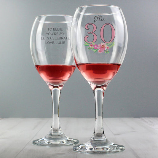 Personalised Birthday Age Floral Wine Glass - Myhappymoments.co.uk