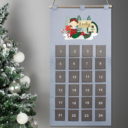 Personalised Pocket Elf Felt Advent Calendar In Silver Grey